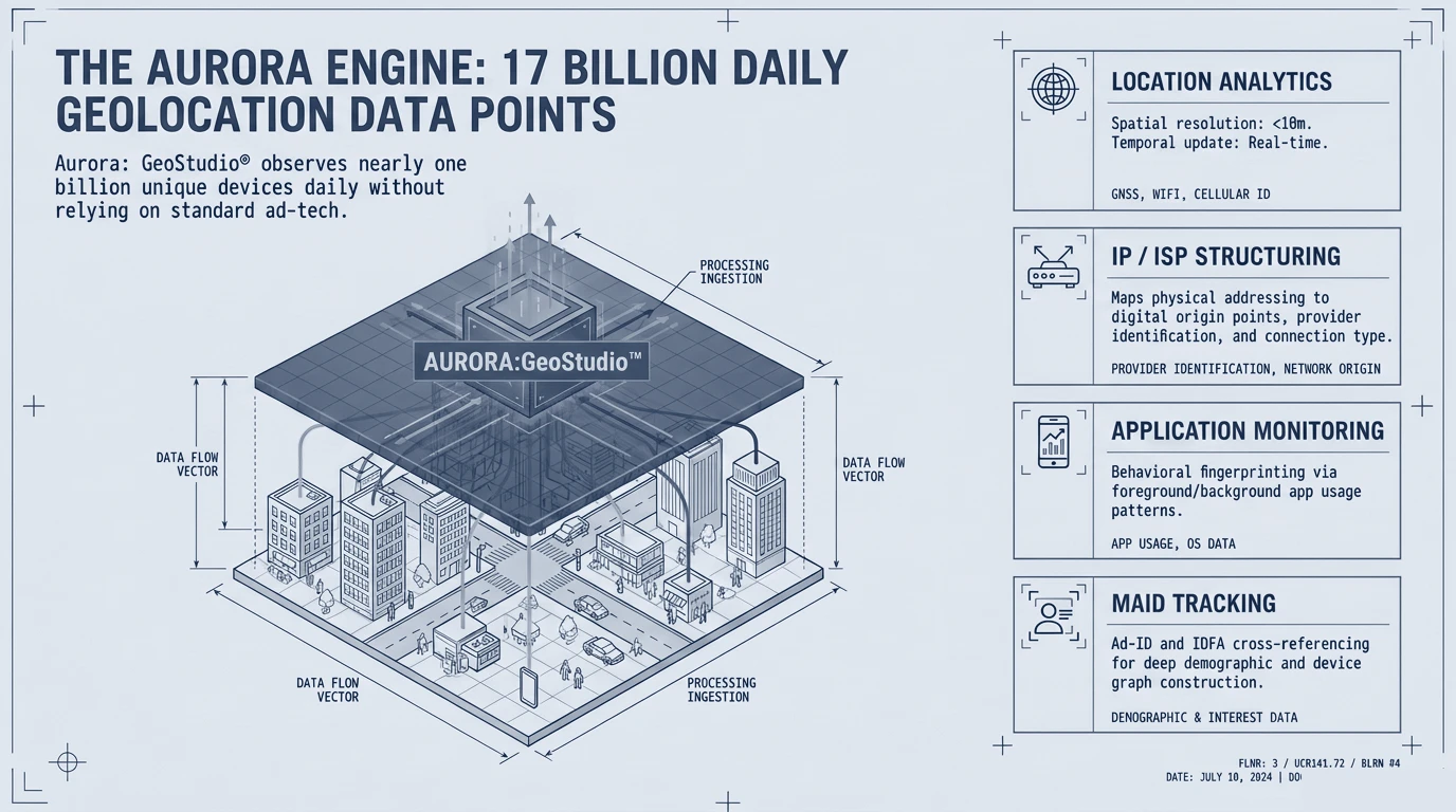 The Aurora engine ingesting billions of daily geolocation data points from multiple source types into the Aurora:GeoStudio data lake.