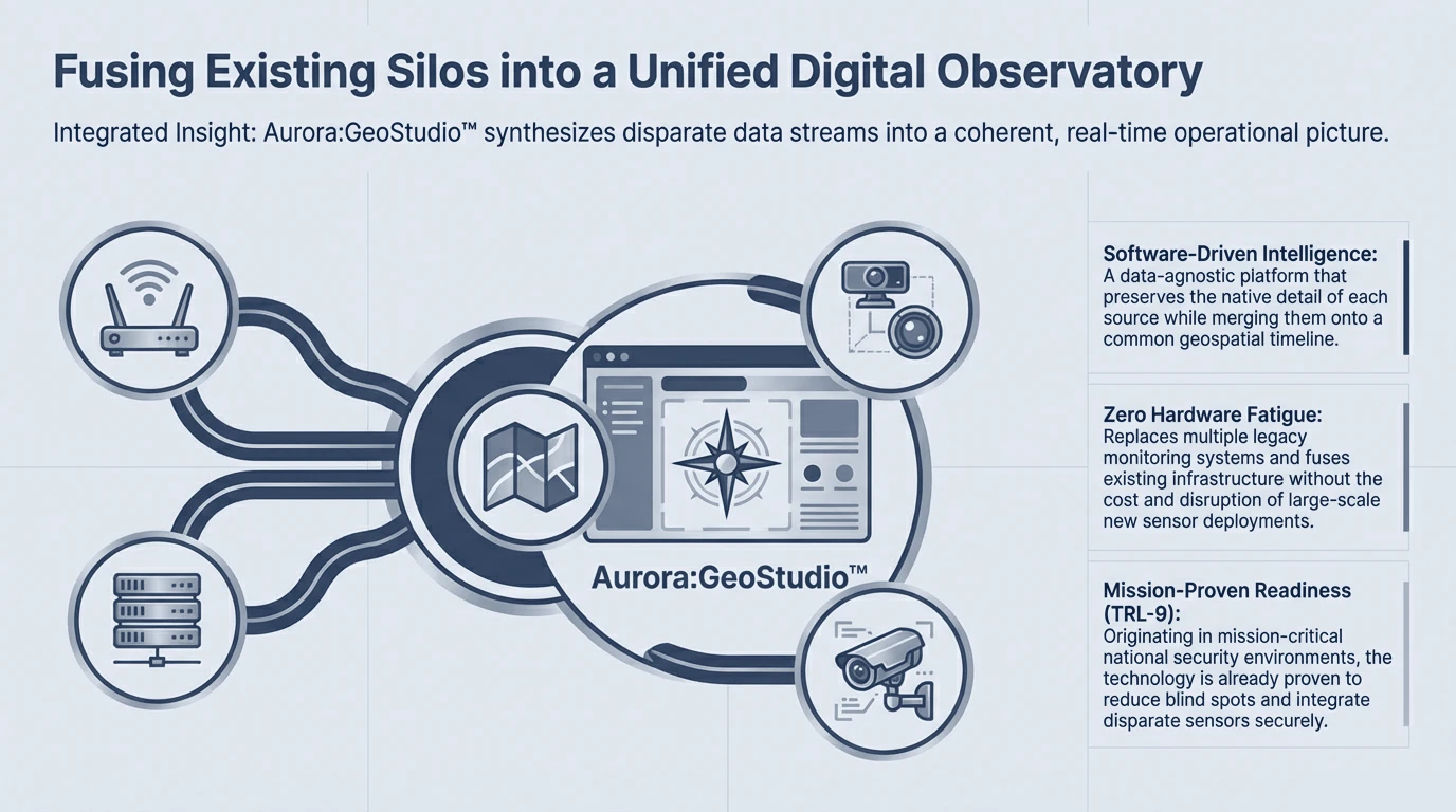Wi-Fi, server, camera and sensor sources converging into a central Aurora:GeoStudio observatory node producing a unified real-time picture.