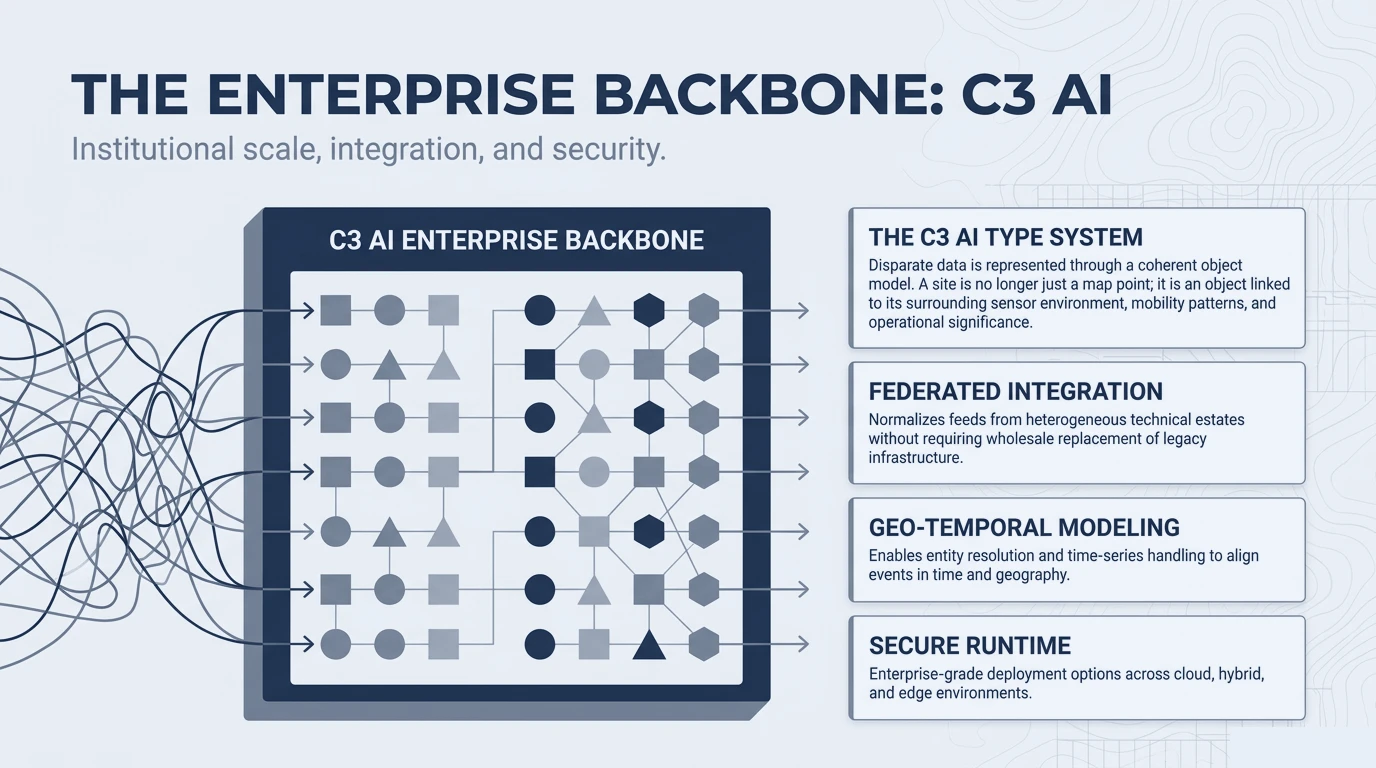 The C3.ai enterprise backbone diagram showing a type system, federated integration, geo-temporal modeling and secure runtime.