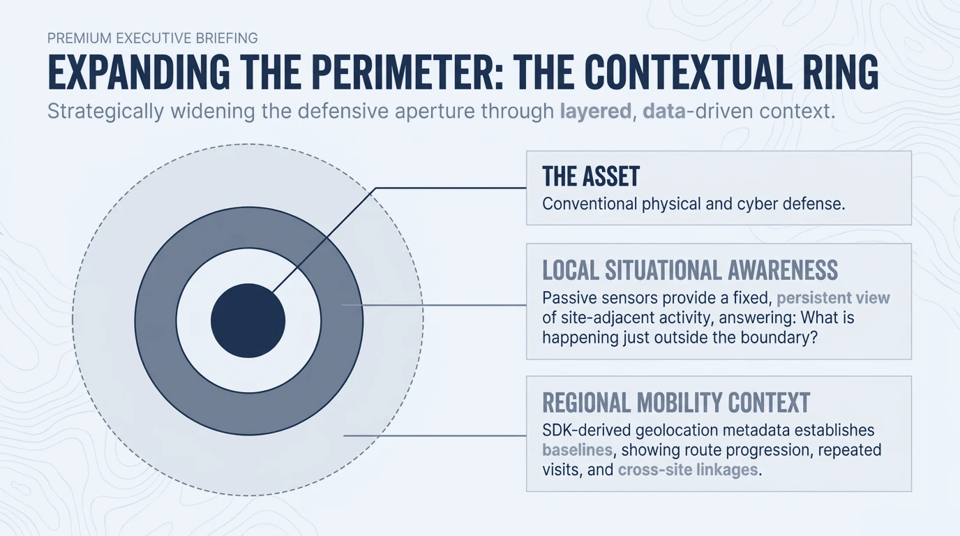 Concentric-ring diagram: the asset at center, local situational awareness around it, and an outer regional mobility-context layer.