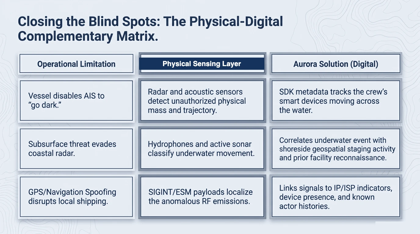 Physical-digital complementary matrix mapping operational limitations to a physical sensing layer and an Aurora digital solution.