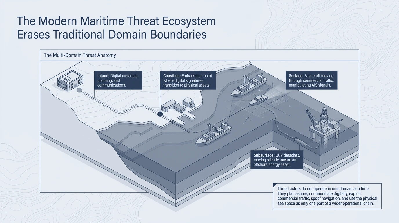 Multi-domain maritime threat anatomy: inland planning, coastline embarkation, surface manipulation, and subsurface approach.