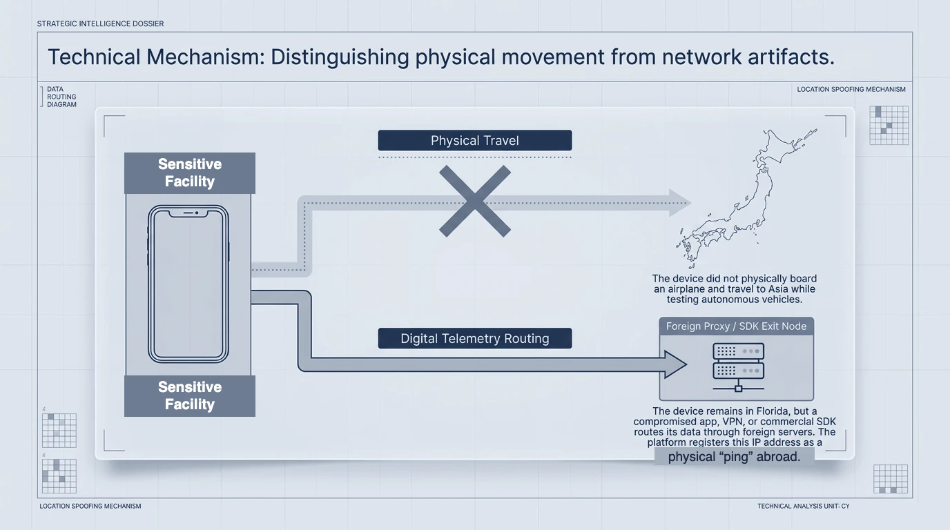 A location-spoofing diagram: a device that remains on-site has its digital telemetry routed through a foreign proxy / SDK exit node, registering as a physical ping abroad.