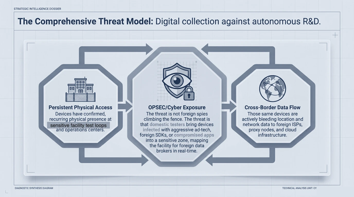 A three-part threat model: persistent physical access, OPSEC/cyber exposure, and cross-border data flow, connected in a cycle.