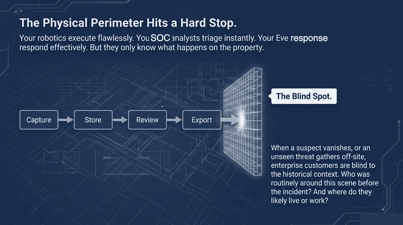Capture, store, review, and export pipeline terminating at a glowing wall labelled The Blind Spot — illustrating how on-site security cannot see off-site context.