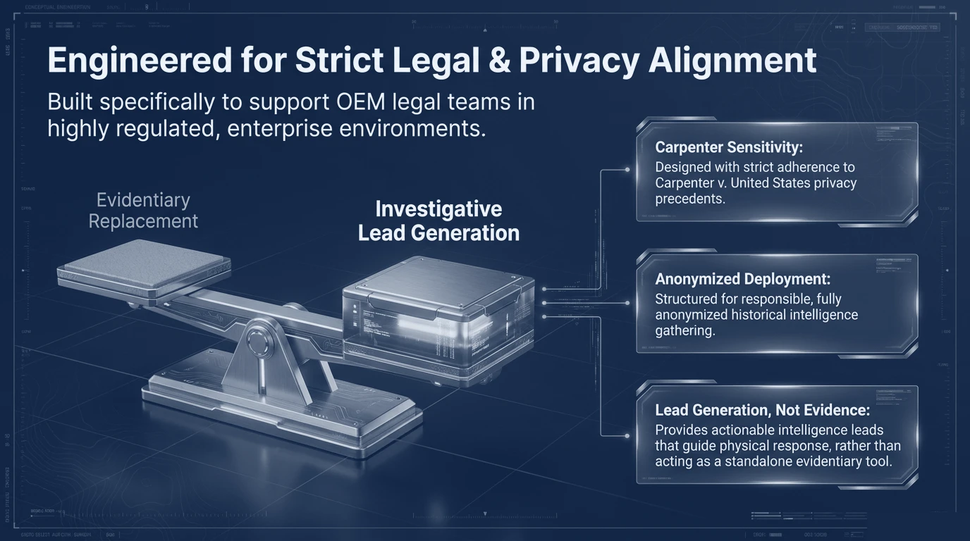 Three governance pillars: corporate sensitivity, anonymized deployment, and lead generation treated as distinct from evidence.