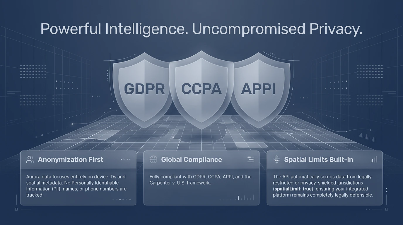Three shields representing GDPR, CCPA and APPI compliance, with pillars for anonymization, global compliance, and built-in spatial limits.